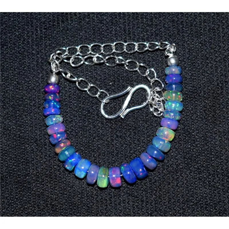 Solid 925 Sterling Silver Natural Ethiopian Opal Gemstone Beads 7"Bracelet F1922