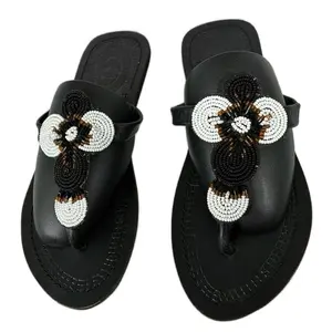African Beaded Black Leather Sandals With Floral Design & Bead Embellishments for Stylish Comfort