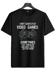 Game Controller Fun Text Print T-Shirt, American Funny Style Cotton Short Sleeve, Casual Fitted Long Top for Game Enthusiasts