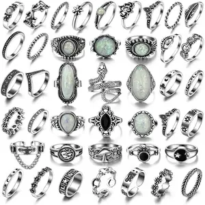 Vintage Silver Knuckle Ring Set, 42 Count Gothic Boho Adjustable Rings with Snake Skull Heart Designs, Y2K Punk Stackable Midi Rings for Women and Men