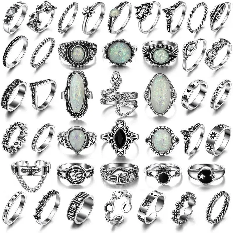 Vintage Silver Knuckle Ring Set, 42 Count Gothic Boho Adjustable Rings with Snake Skull Heart Designs, Y2K Punk Stackable Midi Rings for Women and Men Witchy Jewelry