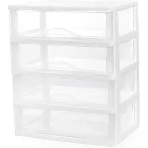 Plastic stackable storage 4 drawers white bathroom makeup organizer with wide clear drawers tabletop drawer organizer for deskeasily assemble for fridgebathroomcabinet