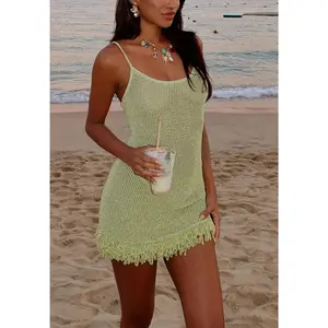 Women Knit Sleeveless Dress Summer Frayed Hem Solid Color Mini Bodycon Party Dress for Vacation Beach Streetwear