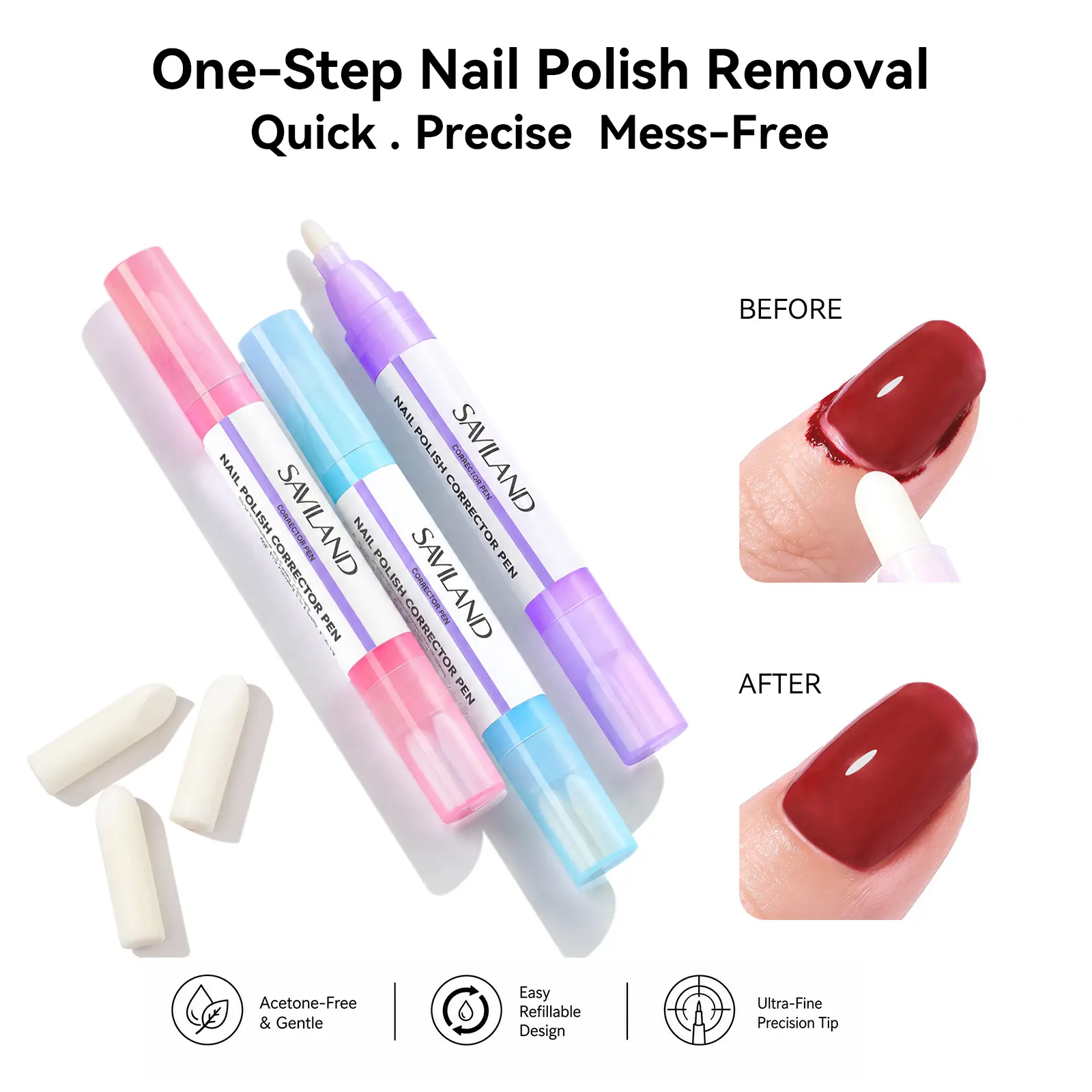 SAVILAND Nail Polish Remover Corrector Pen Set - Refillable Precision Cleanup Marker | Acetone-Free Gentle Formula for Cuticle Edge Clean Up, DIY Manicure