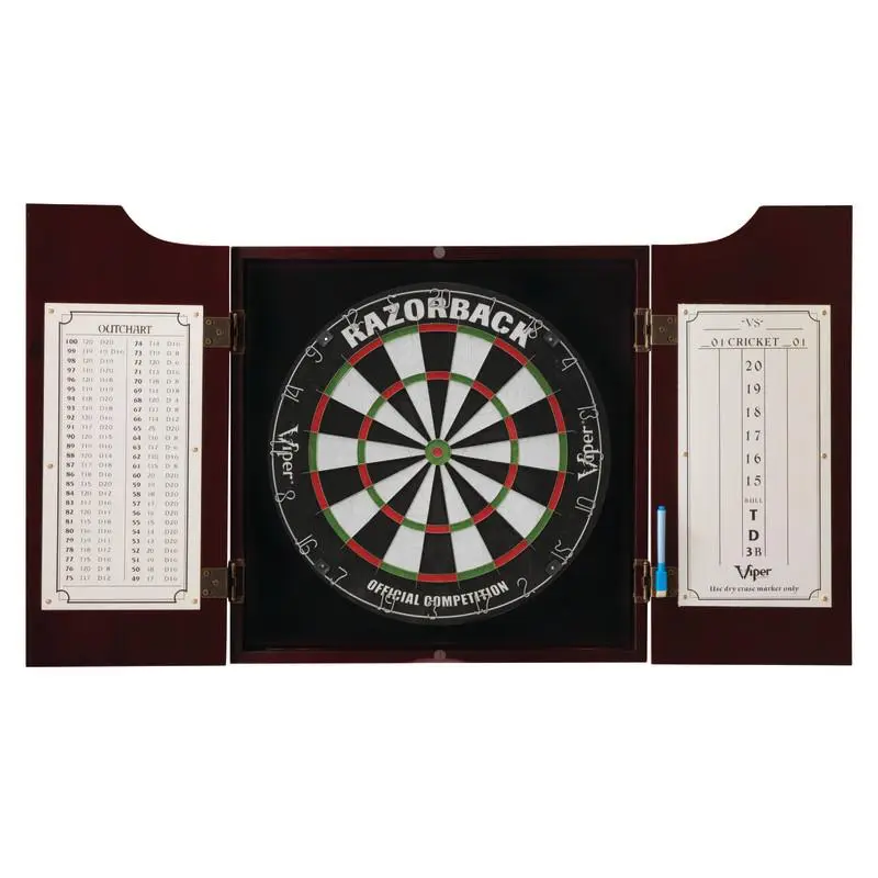 Viper Razorback Classic Mahogany Wood Dartboard Cabinet Set - 18" Regulation Self-Healing Sisal Board, Protective Liner, Scoreboard, Fiber Soft Tips, Razor-Thin Design, Tournament Size, Protects Home from Errant Throws, Reduces Bounce Outs