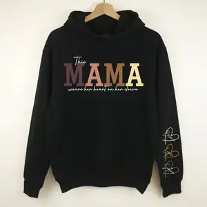 This Mama Wears Her Heart On Her Sleeve Hoodie, Personalized Mama Sweatshirt Names On Sleeve, Mother's Day Gift Mom Heart On Sleeve Hoodie, Mom Shirt