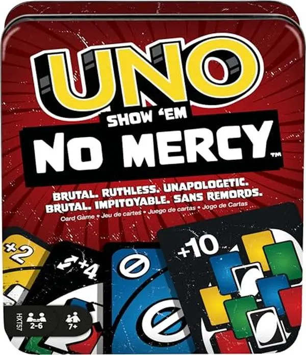 No Mercy Card Game with Storage Tin – Family Party Game Ages 7+, Extra Cards & Advanced Rules, 2–6 Players