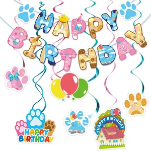 Cartoon Blue Dog Happy Birthday Banner, Party Decorations Banners, Blue Dog Party Decorations with Hanging Swirl Streamers, Boys and Girls Birthday Party Supplies