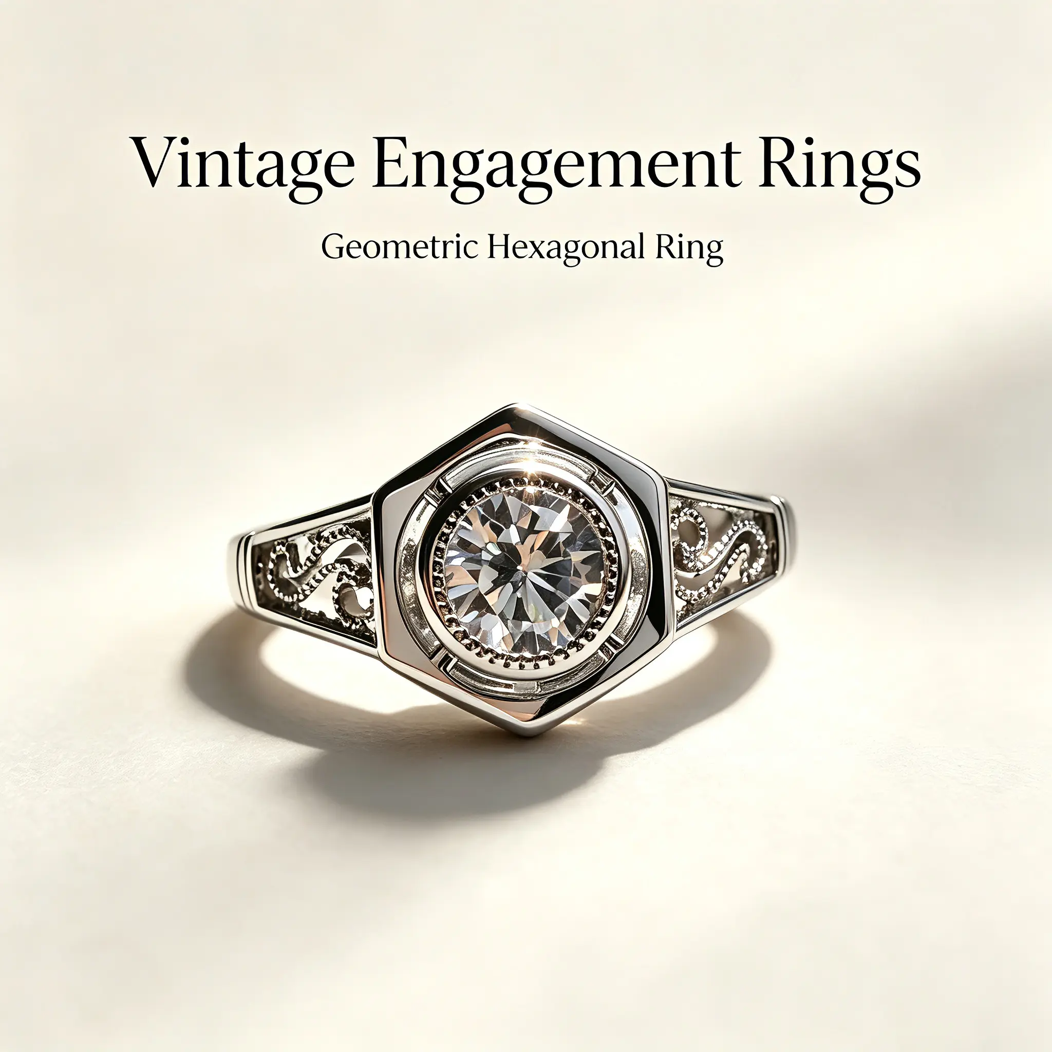 Edwardian-style vintage ring featuring a hexagonal geometric design; a minimalist, affordable luxury ring with a vintage court-style look, set with cubic zirconia—perfect as a gift for engagements, anniversaries, and holidays.