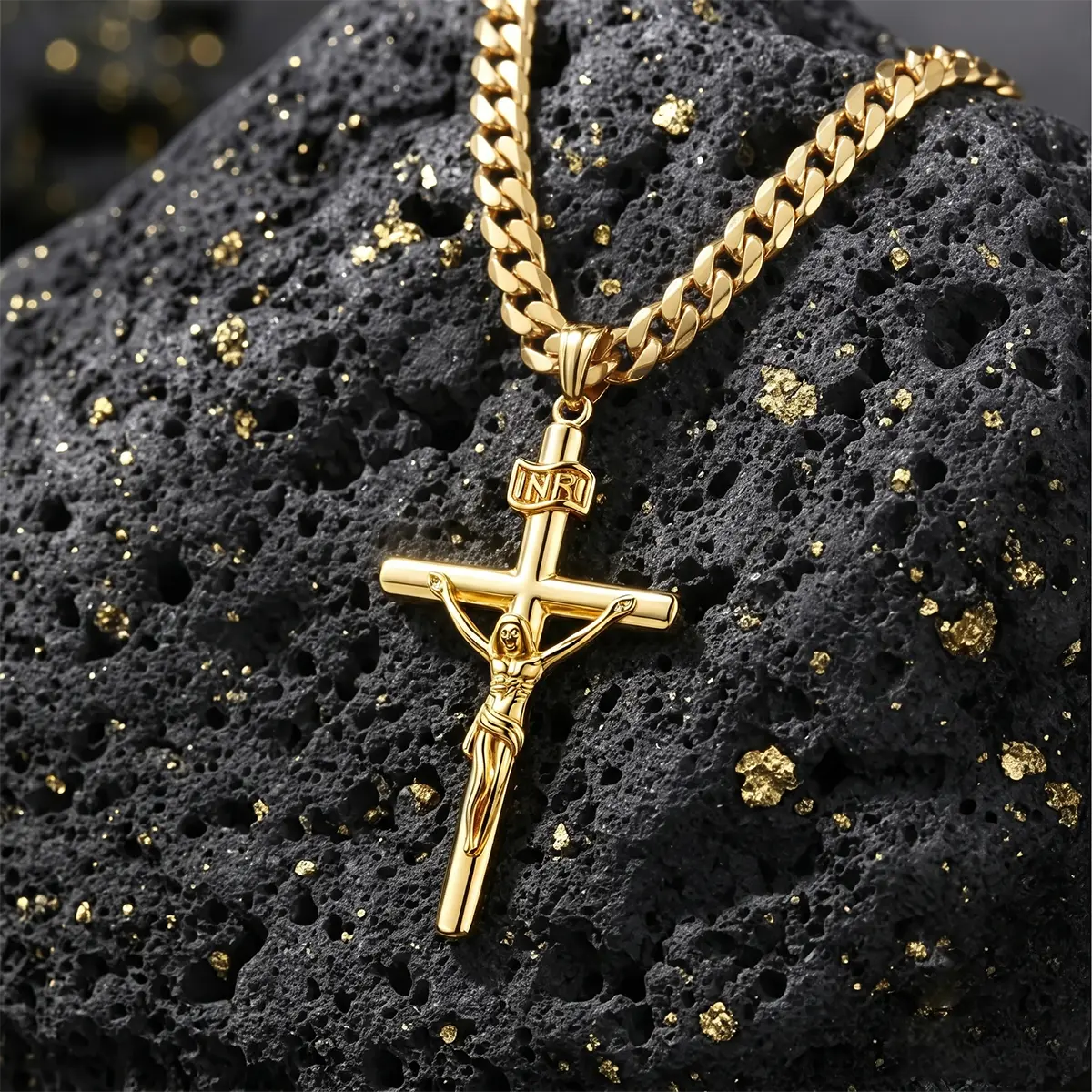 Catholic Jesus Christ on INRI Cross Crucifix Pendant Necklace for Women Men, Trendy Fashion Jewelry Gift for Black Friday Christmas Birthdays Anniversaries