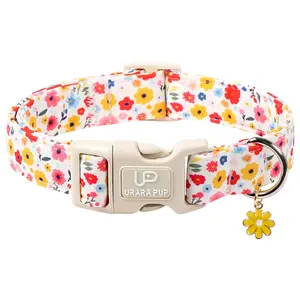 UP URARA PUP Floral Dog Collar, Adjustable Cotton Puppy Accessory with Cute Charms and Quick-Release Buckle for Small Medium Large Girl Boy Dogs