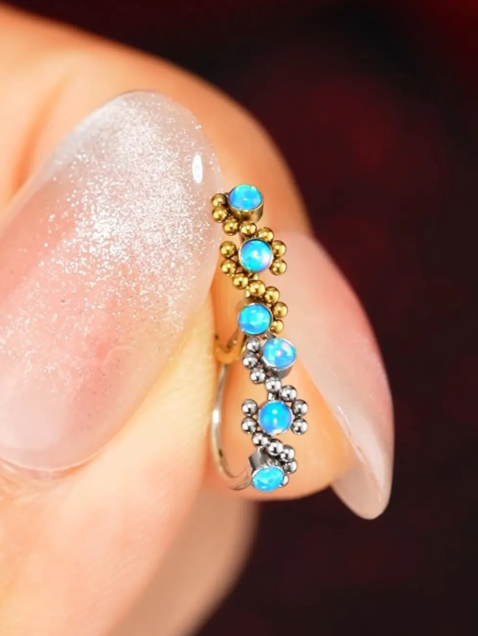 OUFER 20G Triple Blue Opal Nostril Piercing Boho Style Nose Ring, 316L Stainless Steel Hinged Segment Hoop, Nose Piercing Jewelry for Cartilage, Ear Lobe - Dainty, Gemstone, Hoop Piercing Accessories, Dainty Piercing Jewelry