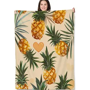 Pineapple Print Blankets Gifts, Tropical Pineapples and Palm Leaves Fleece Throw, Soft and Lightweight Blankets For Summer Vibes, Perfect For room, Living Room 60x60 in,Decor