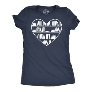 Womens Bookshelf Heart Funny T Shirt Reading Graphic Tee for Ladies Funny Womens T Shirts Cute Vintage Fashion Casual Ladies T-Shirt Gift Funny Nerd Top Women's Novelty Tees Navy -