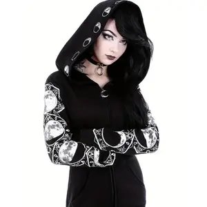 [Large Hooded Moon Hoodie] Black & White Moon Hoodie, Large Hooded Zip Up Front Pocket Sweater, Gothic Casual Tops, Women's Clothing