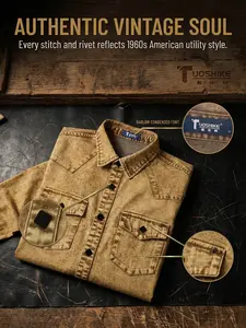Men’s long-sleeve denim shirt, vintage distressed style, double chest pockets, turn-down collar, casual shirt with washed finish—an autumn wardrobe essential