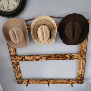 Western Cowboy Hat Rack Rustic Wooden Organizer 9-Hat Display Handcrafted USA Space-Saving Home Decor Bolo Tie Design Hanging Hook Feature