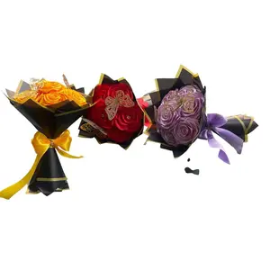 Bouquets of 7 eternal roses in golden yellow, violet, and red tones with elegant black-gold packaging.