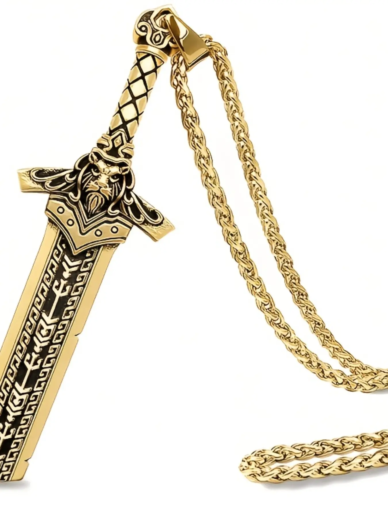 Vintage Nordic Viking Lion Head Sword Necklace, Antique Silver Color Chain, Cuban Link Chain, Cuban Link Design, Unique Jewelry for Men and Women, Perfect Gift Idea