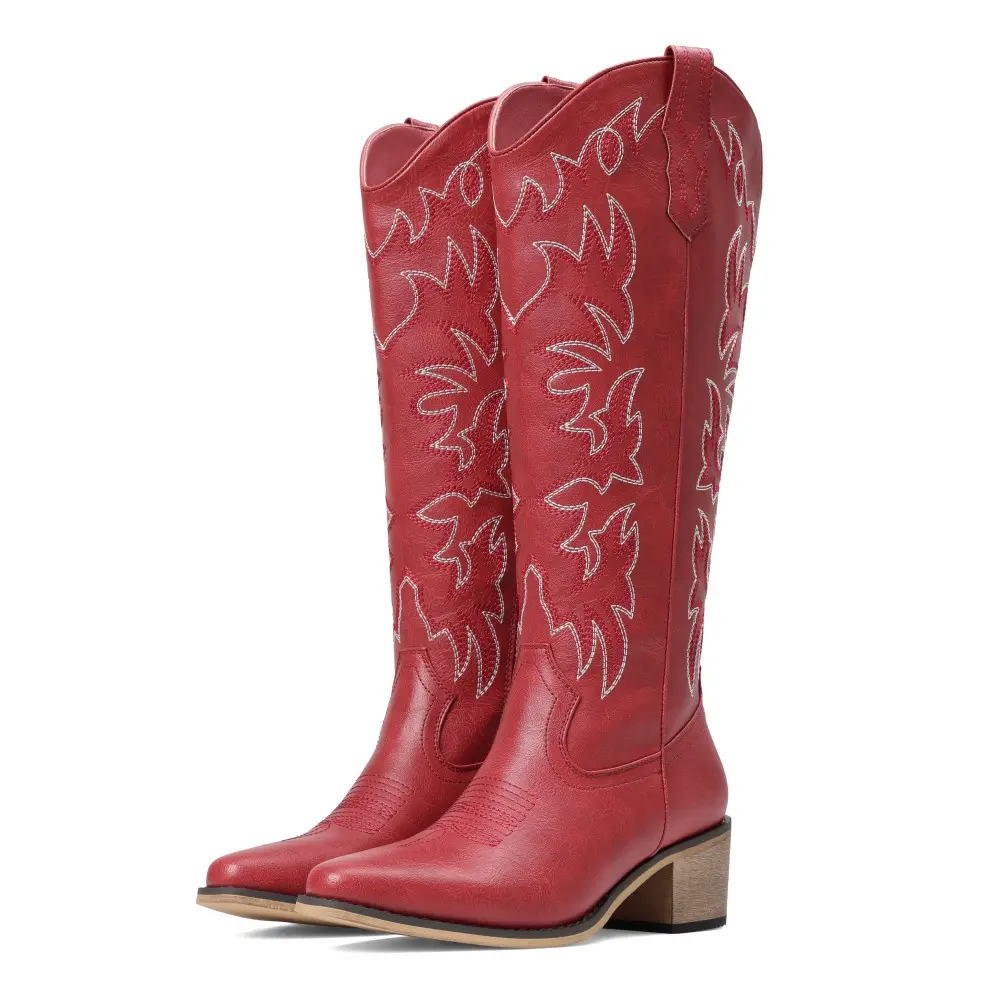 Women's Western Boots Knee High Tall Cowboy Boots Women Vintage Embroidered Pointed Platform Western Cowgirl Boots Fashion Square Toe Chunky Heel Waterproof Faux Leather plus size booties