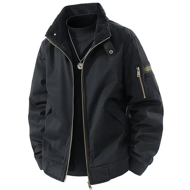 Men’s American vintage aviator jacket for autumn/winter, fleece-lined warm casual outerwear with a turn-down collar and zipper closure, basic loose-fit workwear baseball jacket