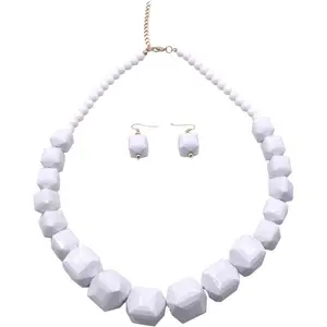 White Beads Necklace, Acrylic Costume Jewelry for Women Chunky Statement Strand Necklaces with Bracelet Dangle Earrings, Big African Beaded Necklace