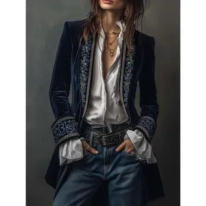 Women's Vintage Style Embroidered Blazer Jacket Artistic Floral Embroidery on Collar and Sleeves Elegant Long Sleeve Formal Casual Coat