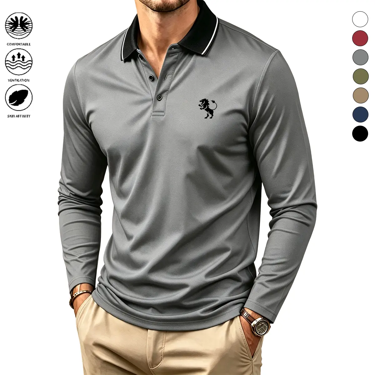 Men’s fashion long-sleeve polo shirt, stretch fabric with vertical stripe details, casual athletic design, 100% polyester, perfect for spring and autumn, ideal for golf and casual wear, golf apparel, sports polo.