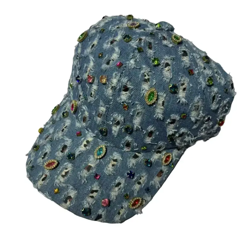 Unisex Adjustable-Size Distressed-Look Frayed-Edges Curved Brim Baseball Cap with Multicolor Gem Rhinestones - Vintage Street Bling Sun Hat, Outdoor Casual Outfit Decor Accessory for Unisex Wear, Multicolor Gems, Bling Headwear, Fabric Cap, One Size tikto