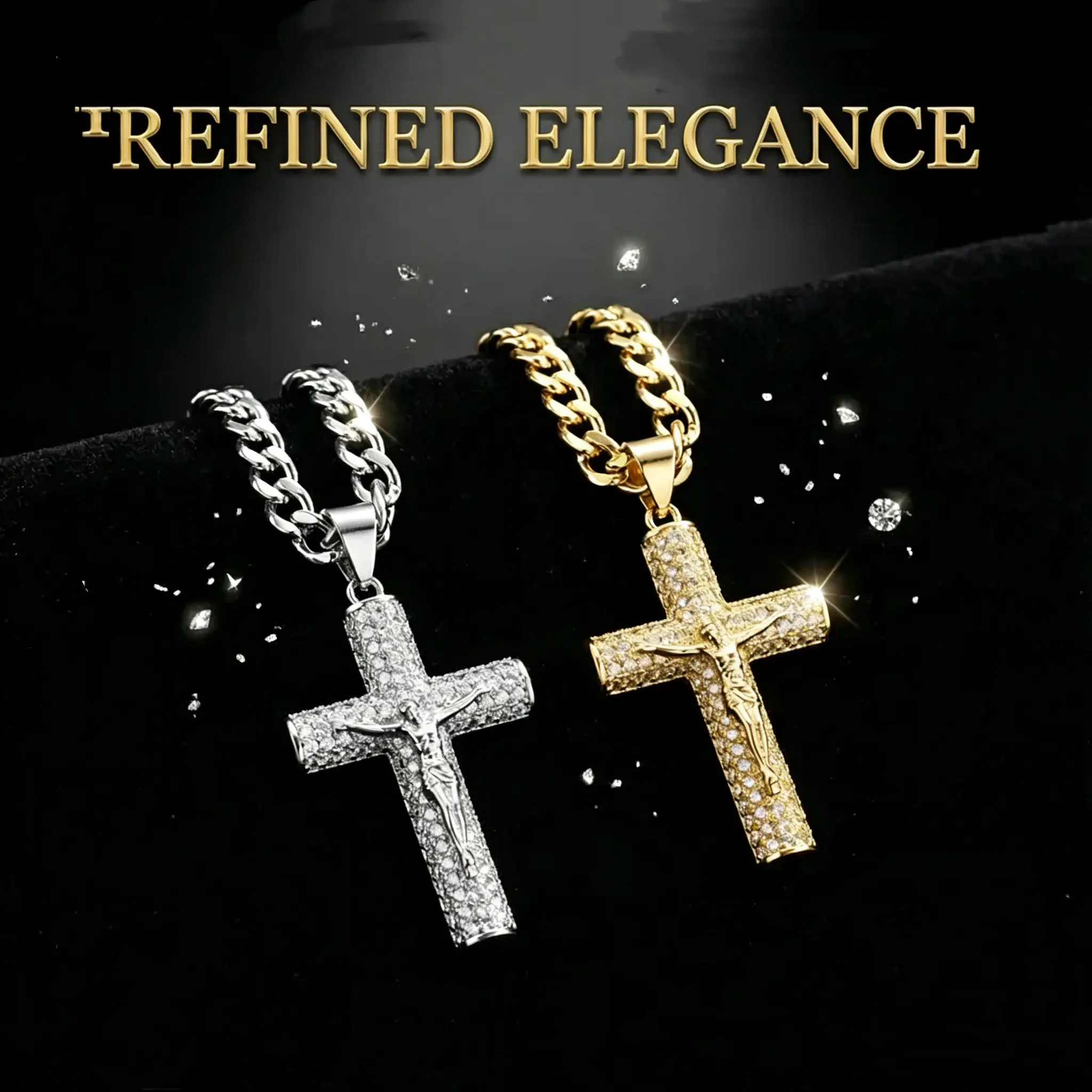 14k Gold-Plated Cross Necklace Oxidation-Resistant Cuban Chain Featuring Rhinestone Crucifix Pendant 24-Inch Length Christian Religious Jewelry Gift Cuban link chain necklace Gold-Plated Jesus Crucifix Necklace,fathersdaygifts,men jewelry