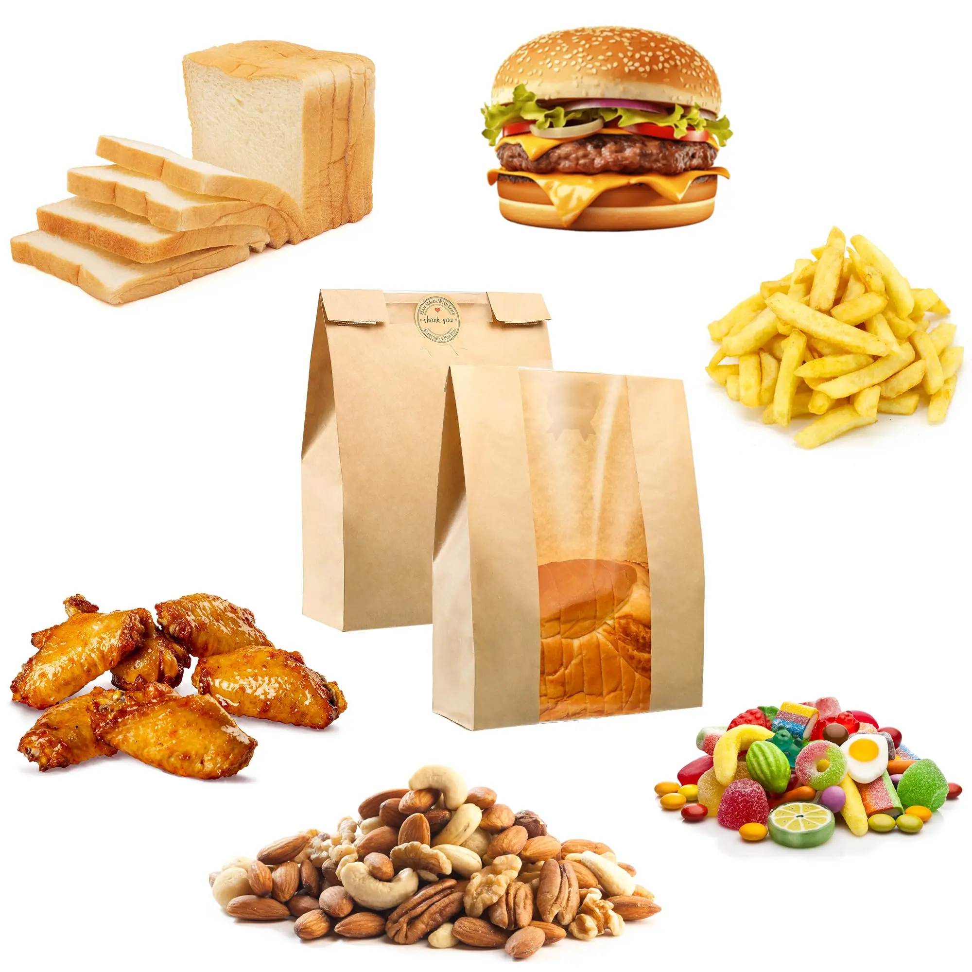 50/100Pcs Kraft Bread Bags Packaging with Window and Stickers Food Grade Oil Resistant for Homemade Bread Baking Cookies Treats, Party Packs, Perfect for Home Bakery Party Business Bake Sales Picnic Holiday Daily Kitchen Storage and Gifting Use