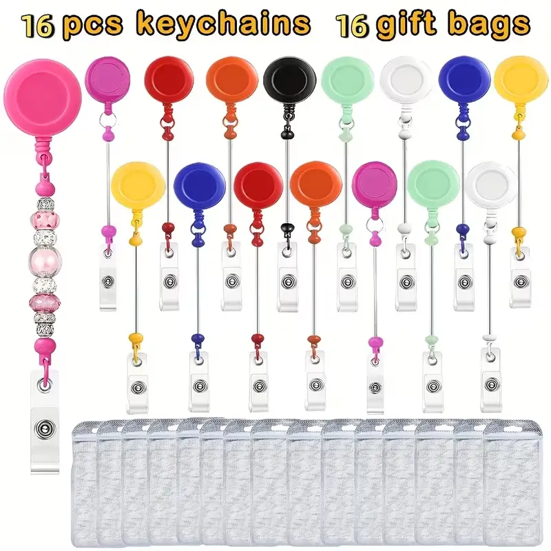 16-Pack Blank Bar ID Badge Reels with Retractable Belt Clips, ID Badge Holder, Holds Beads, Suitable for Nurses/Teachers, Office Use & Jewelry Gifting