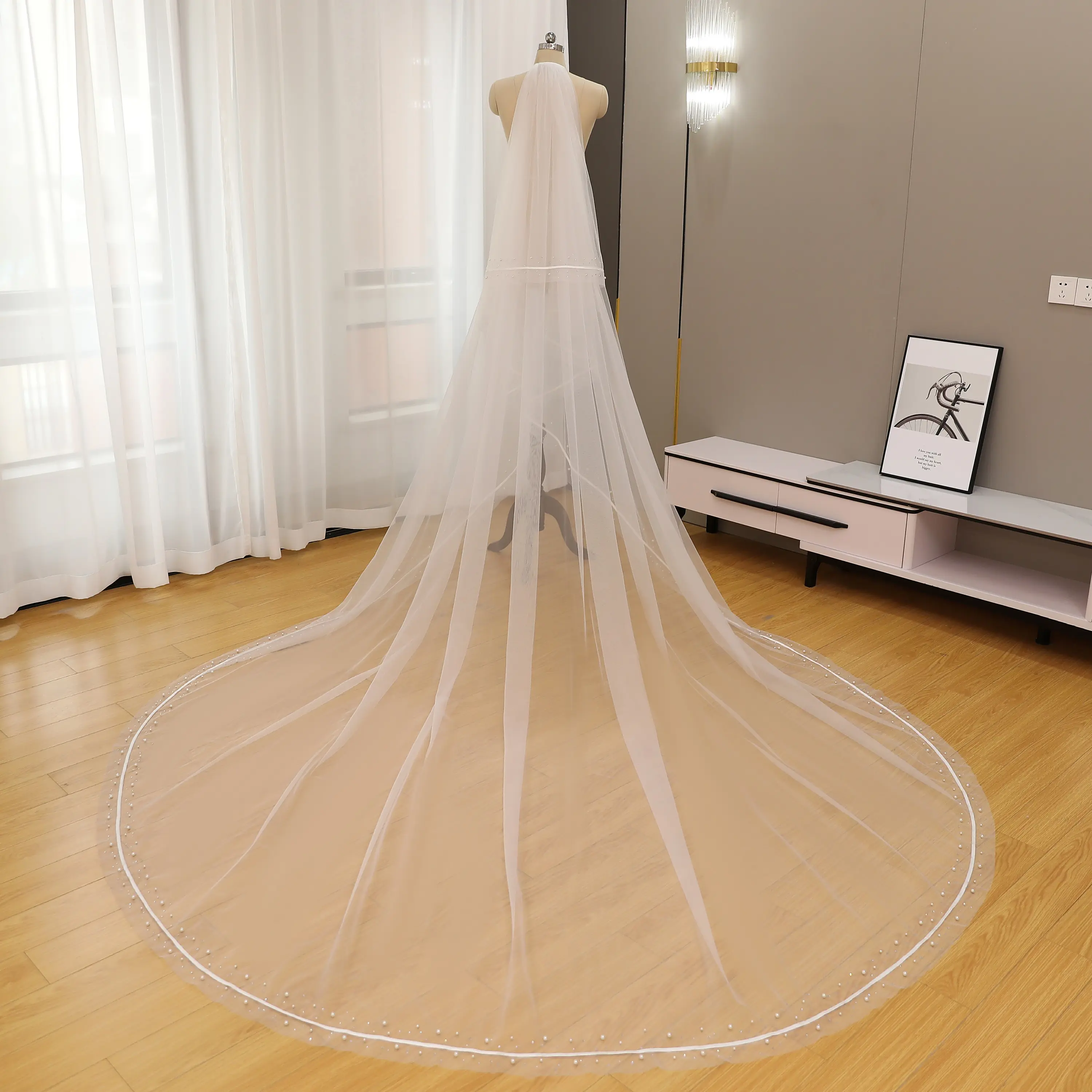 Romantic pearl wedding veil with blusher, Double layered cathedral wedding veil with metal comb, Elegant soft tulle bridal veil
