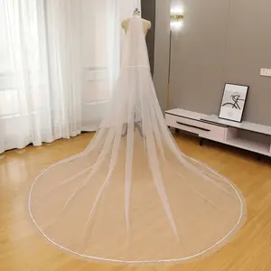 Romantic pearl wedding veil with blusher, Double layered cathedral wedding veil with metal comb, Elegant soft tulle bridal veil