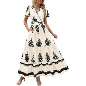 Women's 2026 Summer Casual V-neck Bohemian Long Dress, Flowing A-line Dress with Bell Sleeves and Layered Floral Design, with Pockets