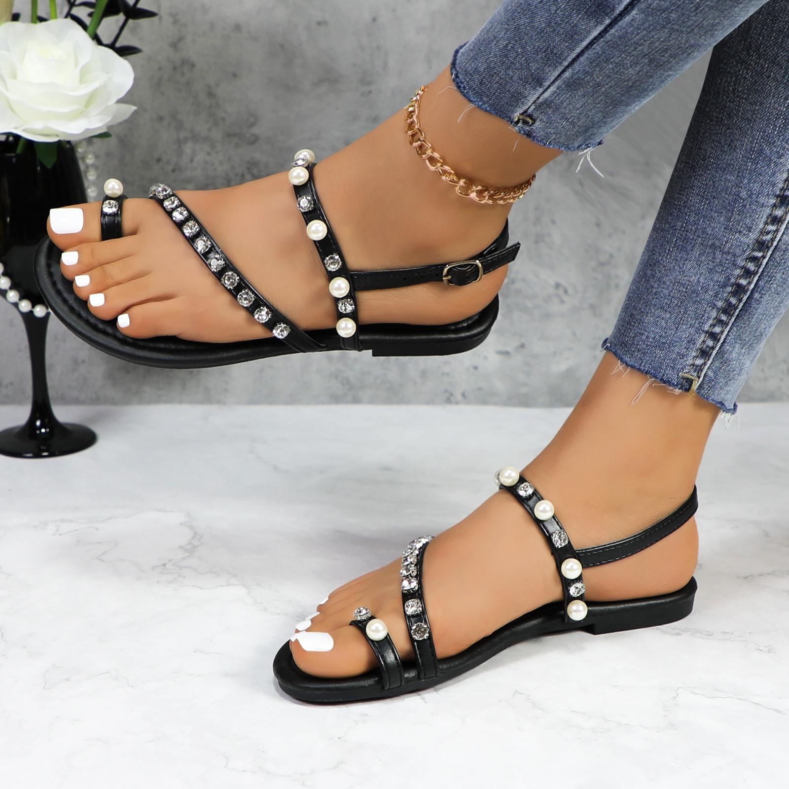 Women Lovely Pearl Strappy Open Toe Flat Sandals Ankle Strap Toe Ring Comfortable Summer Beach Casual Vacation Shoes