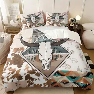 Western Cowboy Bull Skull Duvet Cover Set, 1 Duvet Cover + 1/2 Pillowcases, Boho Aztec Cactus Print Bedding Set, Cowhide Pattern Soft Microfiber Bedspread for Bohemian Bedroom Decor