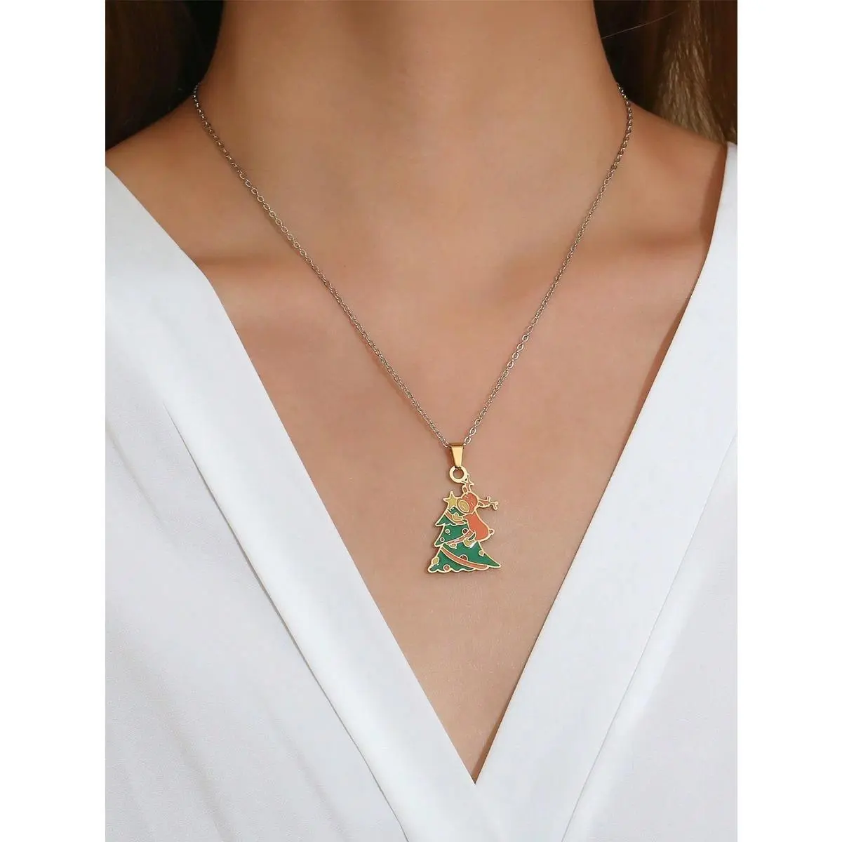 Unisex 1-Size Stainless Steel Dainty Geometric Christmas Tree & Reindeer Pendant Necklace 2-Piece Set - Elegant Creative Design, Suitable for Christmas Parties, Anniversary Gift
