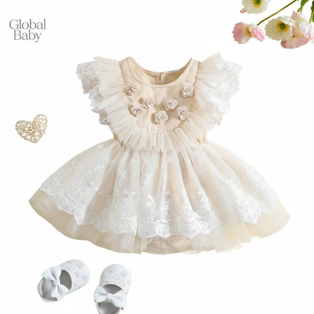 Global Baby Summer Baby Romper Dress Baby Girl Western Style Princess Dress Pit Strip Bow Dress Girl Cake Dress Baby Girls Romper, Fly Sleeve Crew Neck Flower Lace Tulle Patchwork A-line