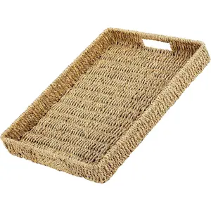 MaxGear Handwoven Seagrass Serving Tray with Handles, Rectangular Decorative Basket for Home and Kitchen, Natural Woven Tray 16" x 12" x 2.75"