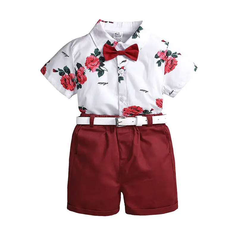 2024 Summer Kids Boy Clothes Set Short Sleeve Button Down Rose Print Shirt+Shorts Suit Children Gentlemen Casual Outfits Party Costumes