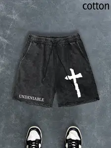 Men's Letter & Cross Print Drawstring Waist Shorts, Loose Fashion Casual Comfy Track Shorts for Summer, Men's Bottoms for Daily Wear, Cotton, Logo Shorts