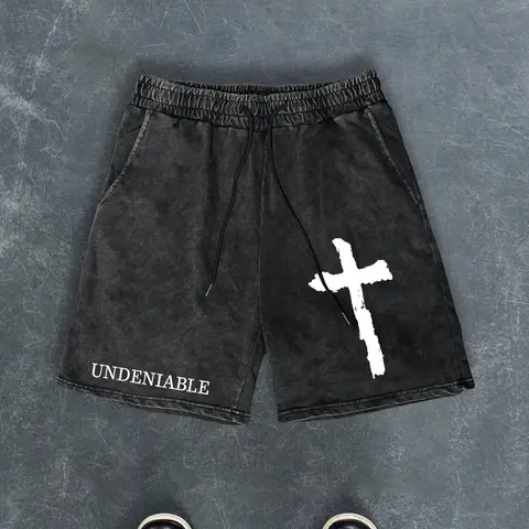 Men's Letter & Cross Print Drawstring Waistband Shorts, Loose Fashion Casual Comfy Track Shorts for Summer, Men's Bottoms for Daily Wear, Cotton, Breathable Printed Shorts, Logo Shorts, Casual Stretch Shorts, Graphic Print Shorts