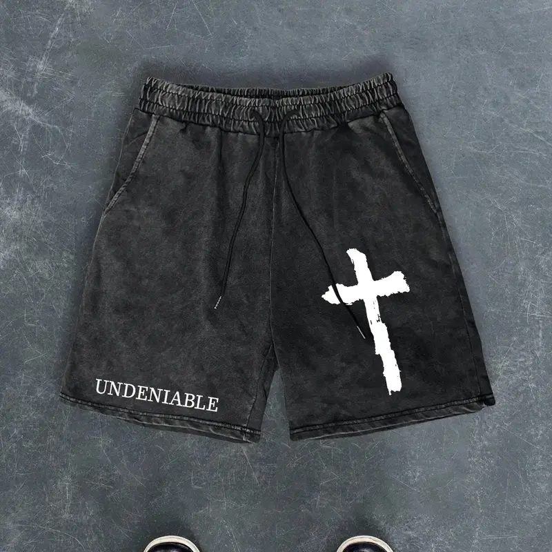Men's Letter & Cross Print Drawstring Waistband Shorts, Loose Fashion Casual Comfy Track Shorts for Summer, Men's Bottoms for Daily Wear, Cotton, Breathable Printed Shorts, Logo Shorts, Casual Stretch Shorts, Graphic Print Shorts