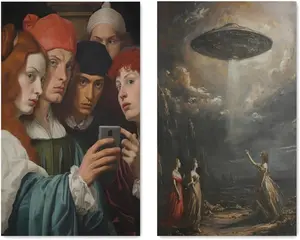 2pcs Framed Renaissance Funny DJ Techno Poster Retro and Modern Canvas Painting Wall Art Picture for Living Room Home Decor