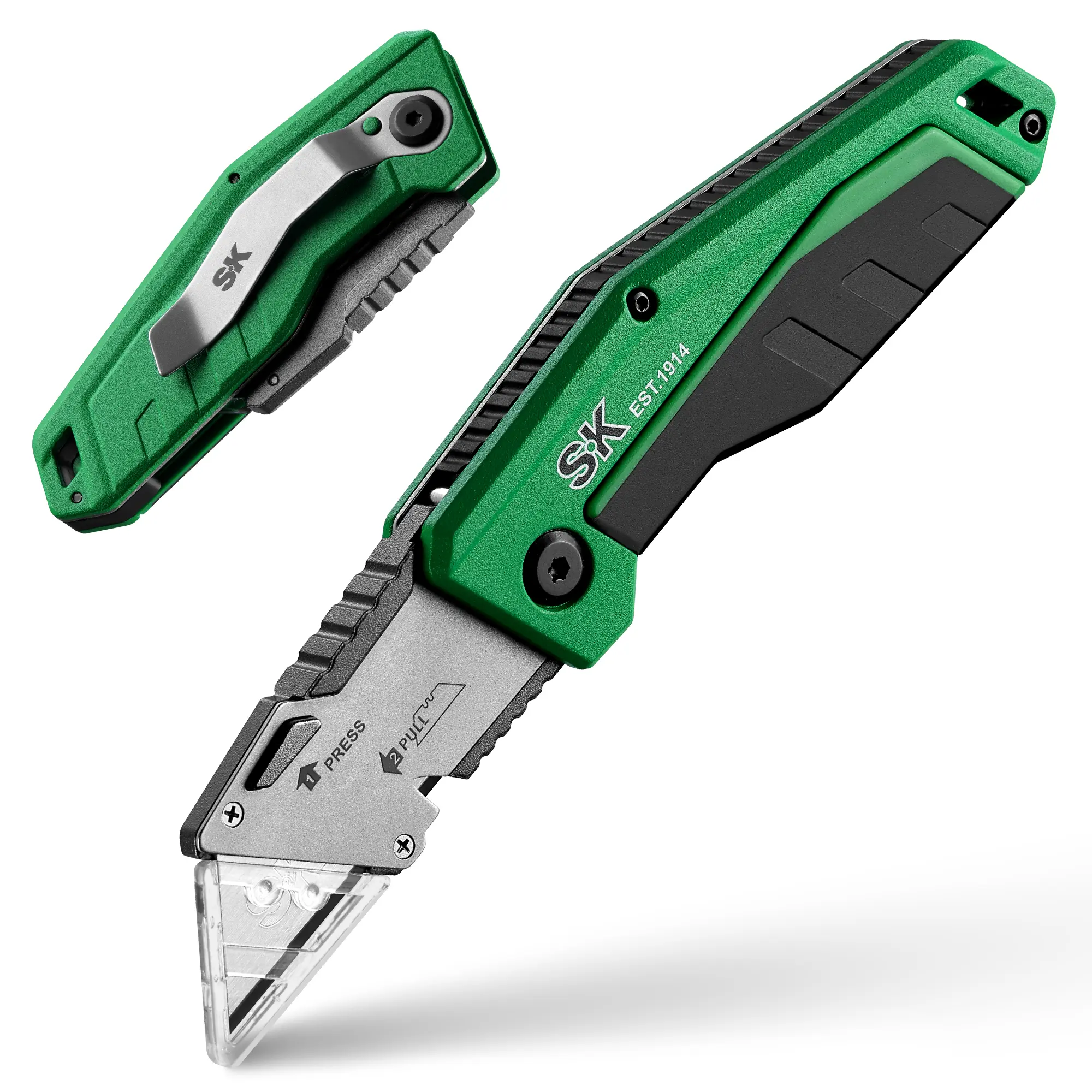 SK Folding Utility Knife with Additional Wire Cutter, Quick Change Box Cutter, Blade Storage in Handle