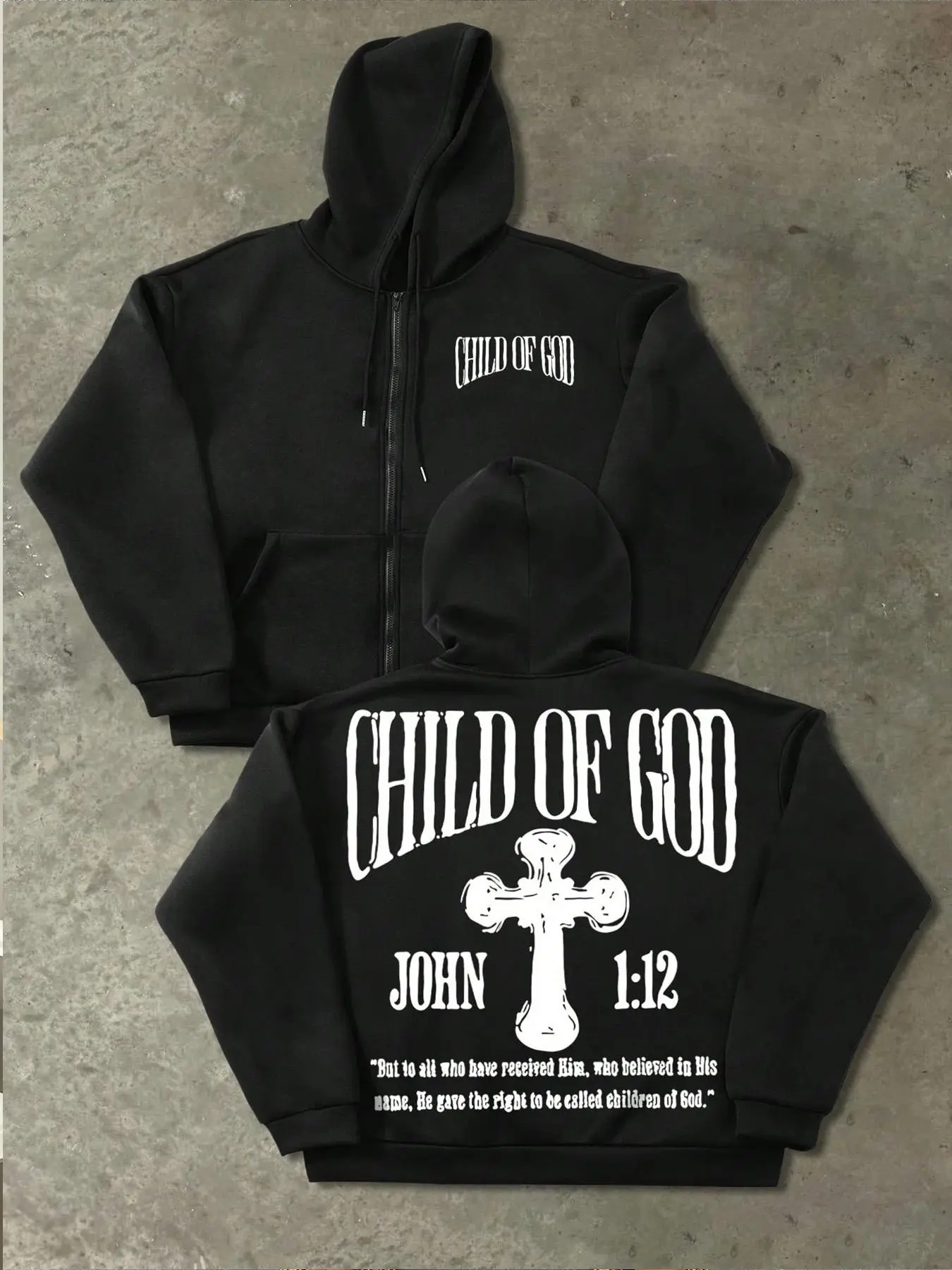 Religious Print Hooded Zipper Sweatshirt, Affirmation Zip Hoodie, Faith Hoodie, Loose Fit Streetwear, Casual Graphic Pullover for Fall & Winter, Daily Wear Fashion