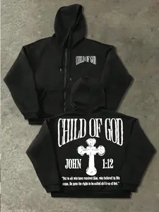 Religious Print Hooded Zipper Sweatshirt, Affirmation Zip Hoodie, Loose Fit Streetwear, Casual Graphic Pullover for Fall & Winter, Daily Wear Fashion