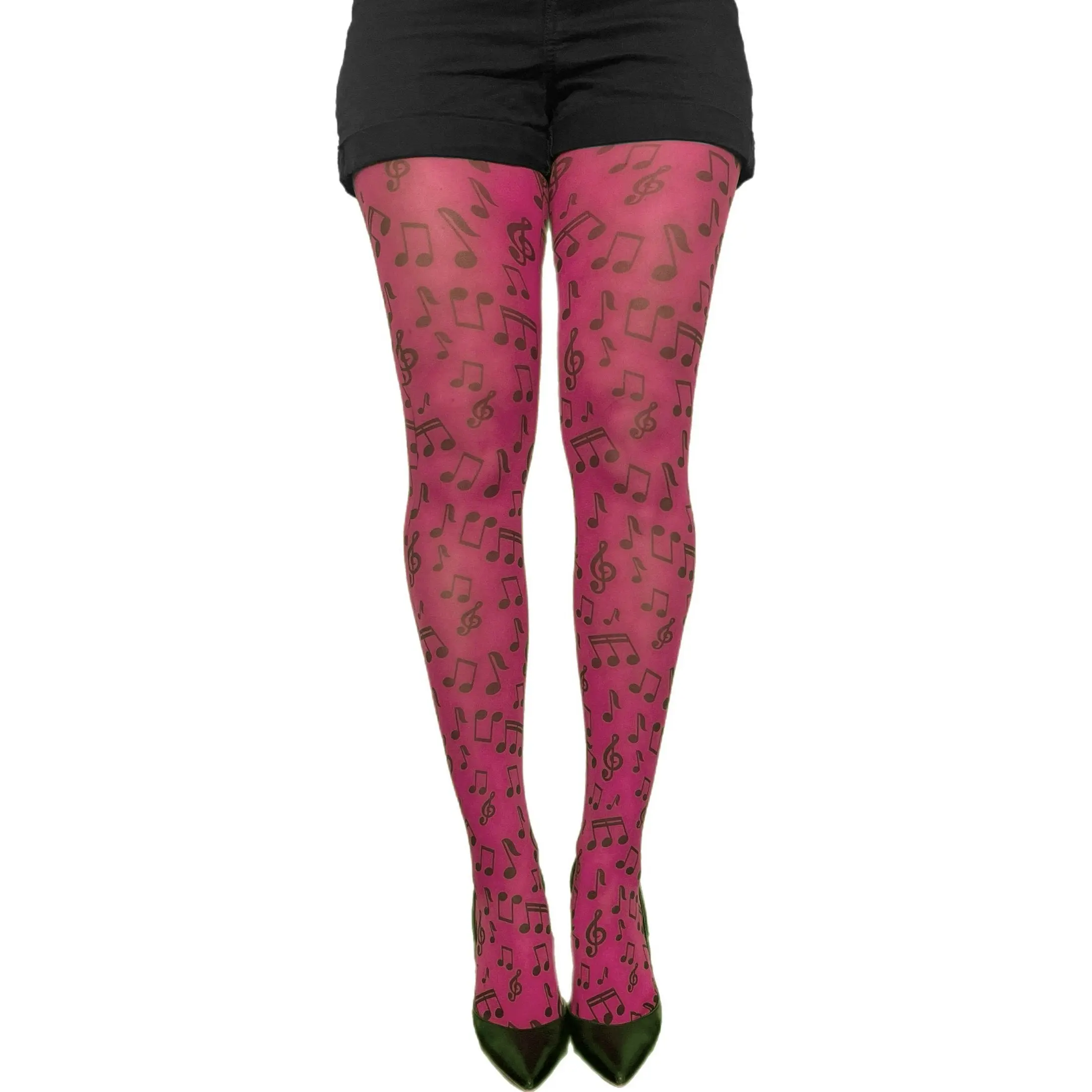 Pink Musical Notes Patterned Tights For Women