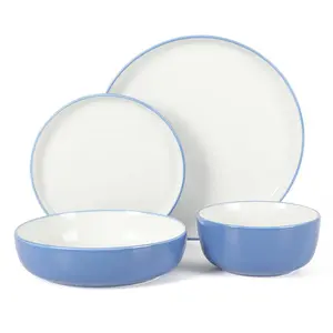 Sur La Table Kitchen Essentials 16pc Two-Tone Porcelain Dinnerware Set Blue/White: Kitchen Plate & Bowl Set, Service for 4